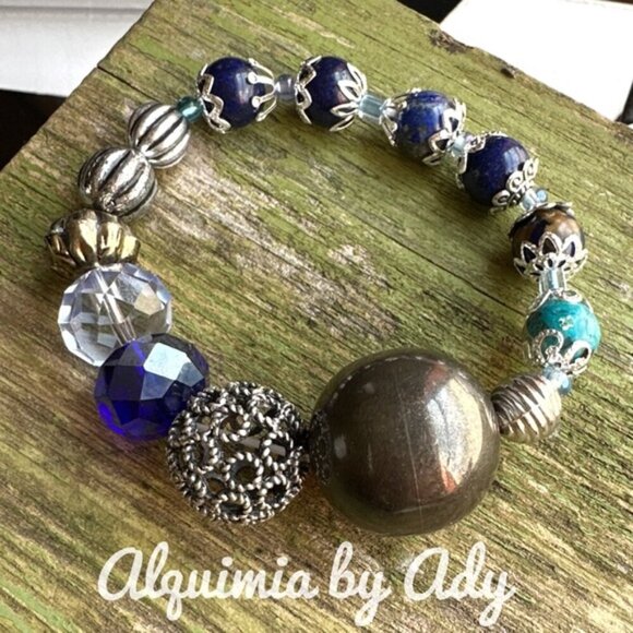 Mega round beads silver and lapis lazuli bracelet - Picture 1 of 2